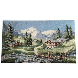 Vintage Hand Crafted Needlepoint Alpine Mountain Landscape Art - Blue and Green